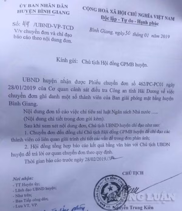 Ban GPMB huyện Bình Giang đã báo cáo với Chủ tịch UBND huyện Bình Giang như thế nào, Báo Nhà báo và Công luận sẽ thông tin chi tiết tới bạn đọc