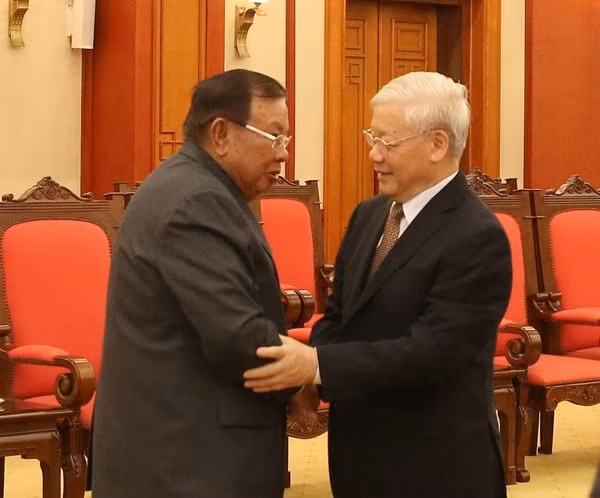 Chủ tịch nước Nguyễn Phú Trọng tiếp Tổng Bí thư, Chủ tịch nước Lào Bounnhang Vorachith. Ảnh: VOV&nbsp;&nbsp;