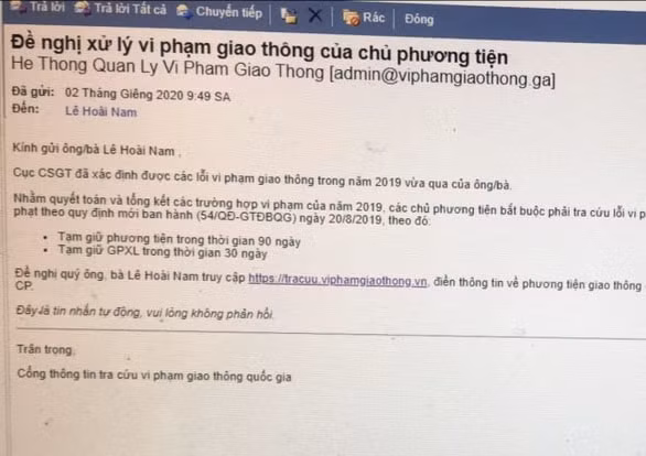 Thư điện tử giả mạo thông báo các lỗi vi phạm giao thông (ảnh TL)
