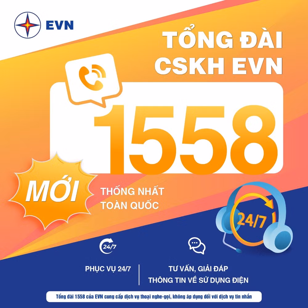 Tổng đài thoại CSKH EVN 1558 phục vụ toàn bộ khách hàng sử dụng điện 24/7 thống nhất toàn quốc