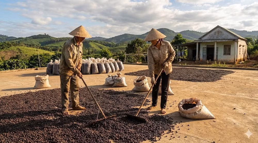 Nông dân Đắk Nông đang phơi mẻ cà phê cuối vụ. Tâm lý giữ hàng chờ giá cao dịp cận Tết 2026 giúp thị trường nội địa đứng vững trước đà giảm của thế giới.