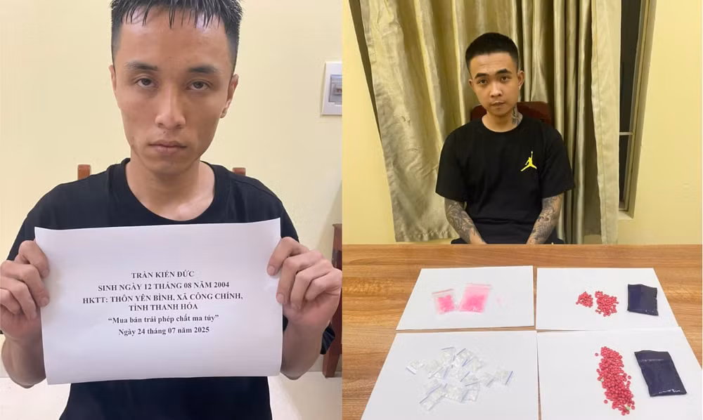 Các đối tượng Trần Kiến Đức, Lê Ngọc Huy cùng tang vật vụ án