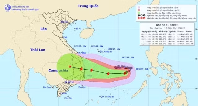 Dự báo đường đi và hướng di chuyển của bão số 6. (ảnh TTKTTV)