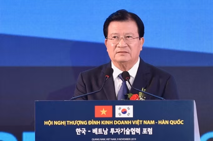 Phó Thủ tướng Trịnh Đình Dũng phát biểu tại Hội nghị Thượng đỉnh kinh doanh Việt Nam-Hàn Quốc. Ảnh: VGP