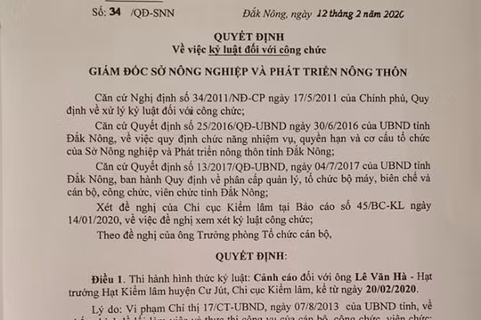 Đắk Nông: Kỷ luật Hạt trưởng Hạt kiểm lâm huyện Cư Jút vì uống rượu, đánh nhau với cấp dưới