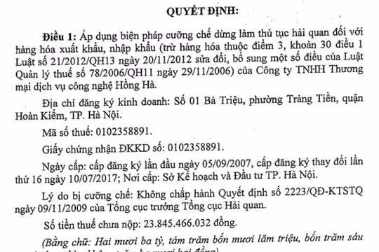 Hà Nội: Một công ty bị dừng làm thủ tục hải quan vì nợ thuế gần 24 tỷ đồng