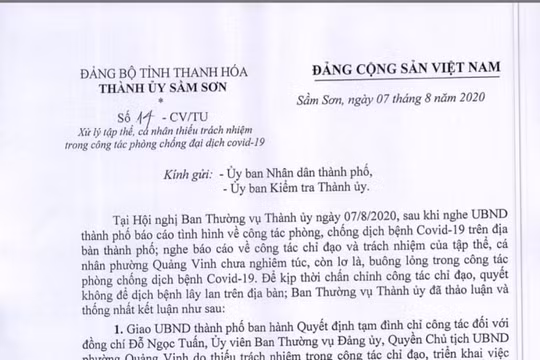 TP Sầm Sơn: Chính thức kỷ luật cán bộ Chủ tịch phường vì lơ là chống dịch