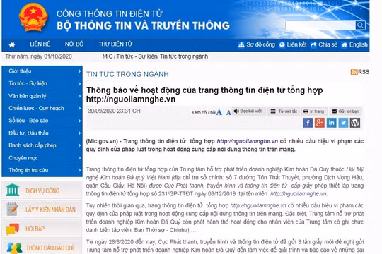 Đề nghị tạm dừng hoạt động trang thông tin điện tử tổng hợp http://nguoilamnghe.vn