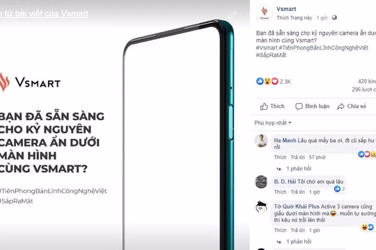 Điện thoại Vsmart có công nghệ camera selfie ẩn dưới màn hình sắp ra mắt