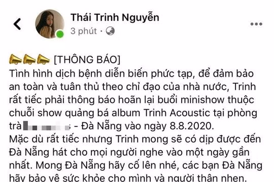 Ca sĩ Thái Trinh hủy show tại Đà Nẵng vì dịch covid-19