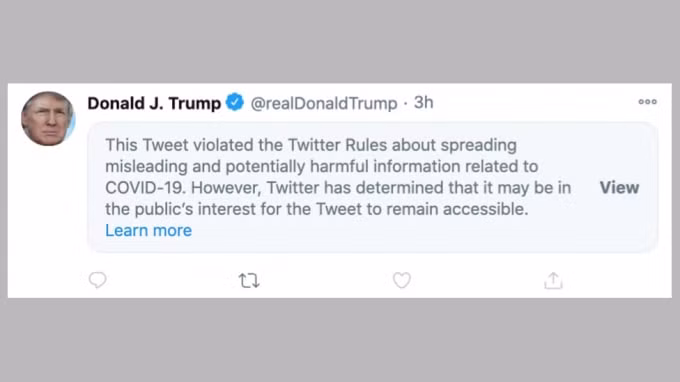 Bài viết của Trump bị Twitter dán nhãn cảnh báo. Ảnh: Twitter