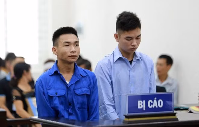 Hai bị cáo Đinh Văn Giáp (SN 1995) và Đinh Văn Trường (SN 2000) tại phiên tòa sơ thẩm hồi tháng 6/2020.