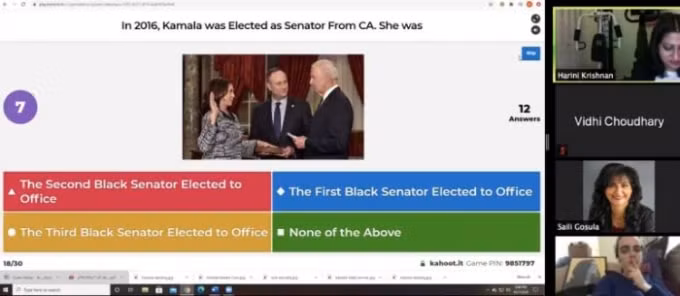 Những người ủng hộ ứng cử viên phó tổng thống Kamala Harris tổ chức trò chơi câu đố trong một bữa tiệc ảo xem tranh luận trên Zoom. Ảnh: Nikkei