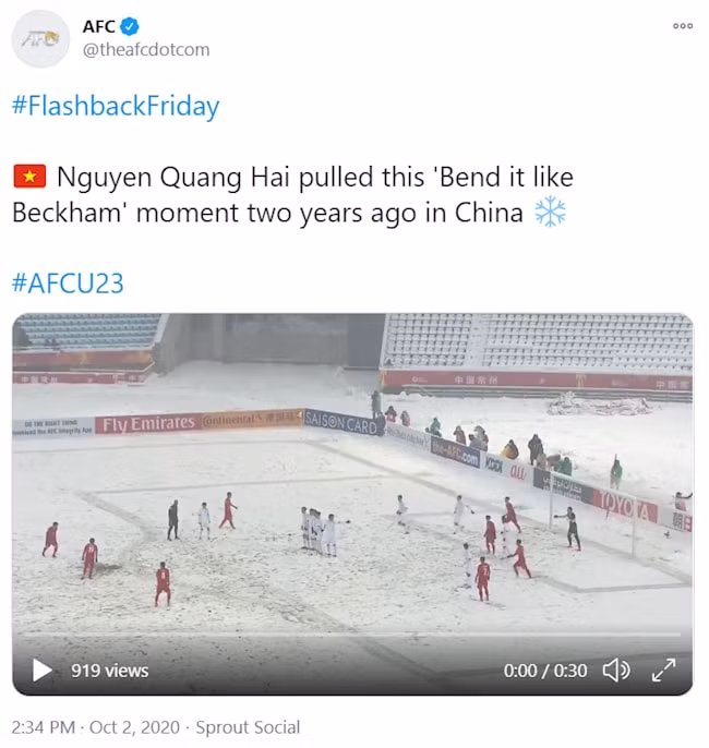 Khoảnh khắc Quang Hải lập 'siêu phẩm' vào lưới U23 Uzbekistan vào năm 2018 được AFC so sánh với Beckham. Ảnh: internet.