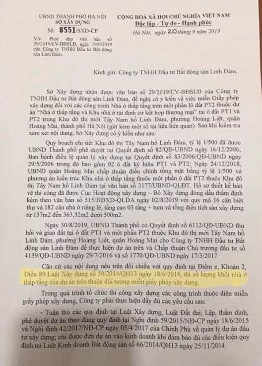 Sở Xây dựng Hà Nội vừa có văn bản nêu rõ “Dự án nhà ở thấp tầng và khu nhà ở tái định cư kết hợp thương mại tại ô đất PT1 và một phần ô đất PT2 thuộc đối tượng miễn giấy phép xây dựng.