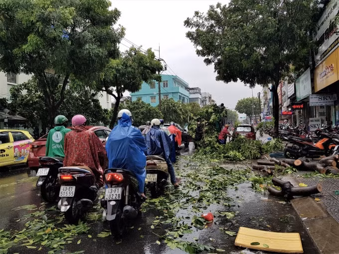 Nhiều tuyến đường có lưu lượng giao thông lớn bị ùn tắc cục bộ do nhiều cây xanh bị gãy, đổ