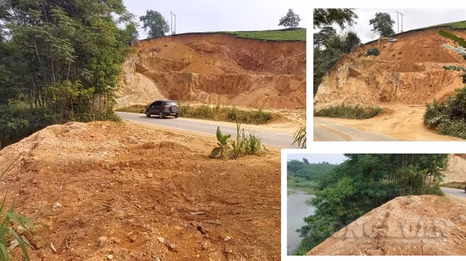 Thửa đất của hộ gia đình ông Hà Văn Đức sau khi khai thác trái phép để lại ta luy rất cao, một số lớn đất khai thác được lấp xuống lòng sông Bứa.