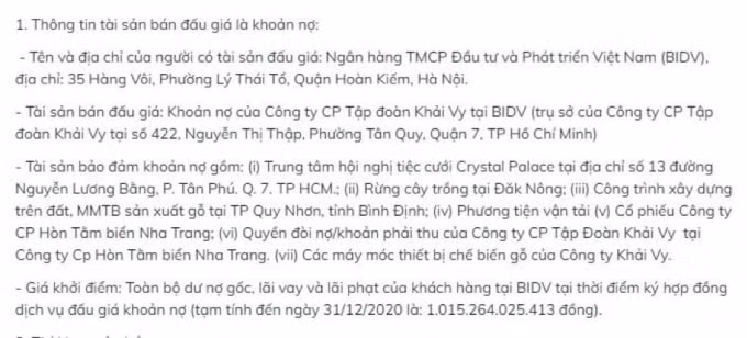 Tài sản bảo đảm khoản nợ của Khải Vy tại BIDV. Nguồn: BIDV.