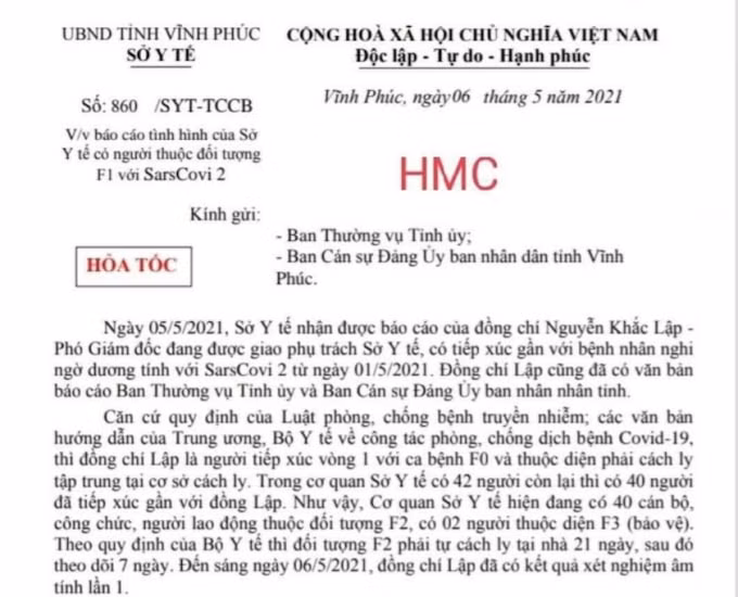 Công văn của Sở Y tế Vĩnh Phúc.