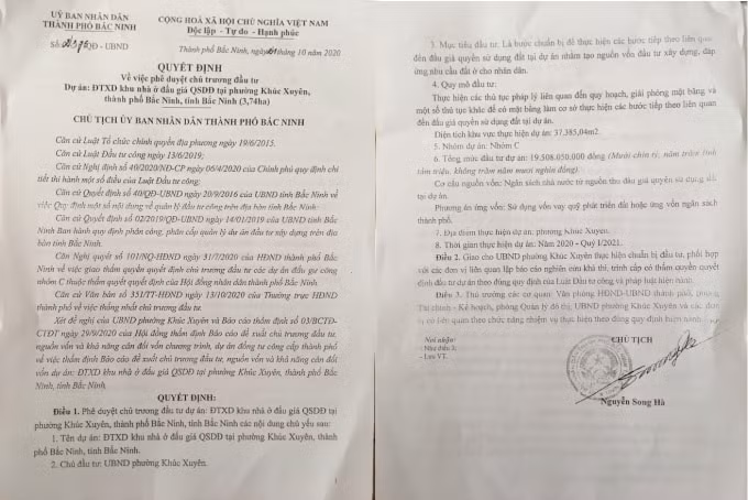 Cùng ngày 21/10/2020, Chủ tịch UBND TP Bắc Ninh ký Quyết định số 2375/QĐ-UBND Phê duyệt Chủ trương đầu tư Dự án đầu tư xây dựng khu nhà ở đấu giá QSDĐ tại phường Khúc Xuyên.