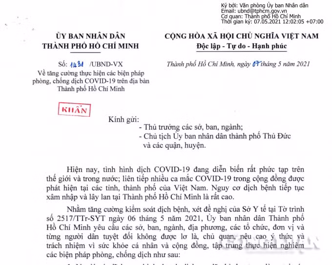 Công văn khẩn của UBND TP. HCM yêu cầu tạm dừng dịch vụ thể dục thể thao trong nhà, nhà hàng tiệc cưới... từ 18h ngày 7/5.