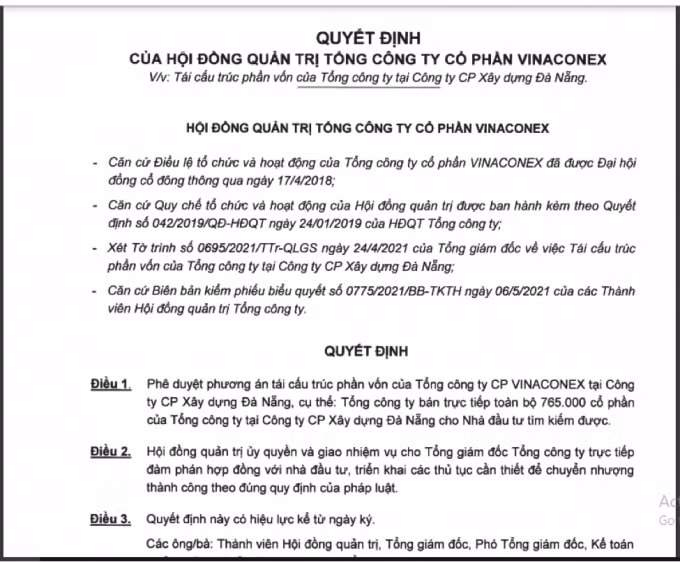 Quyết định của HĐQT Vinaconex.