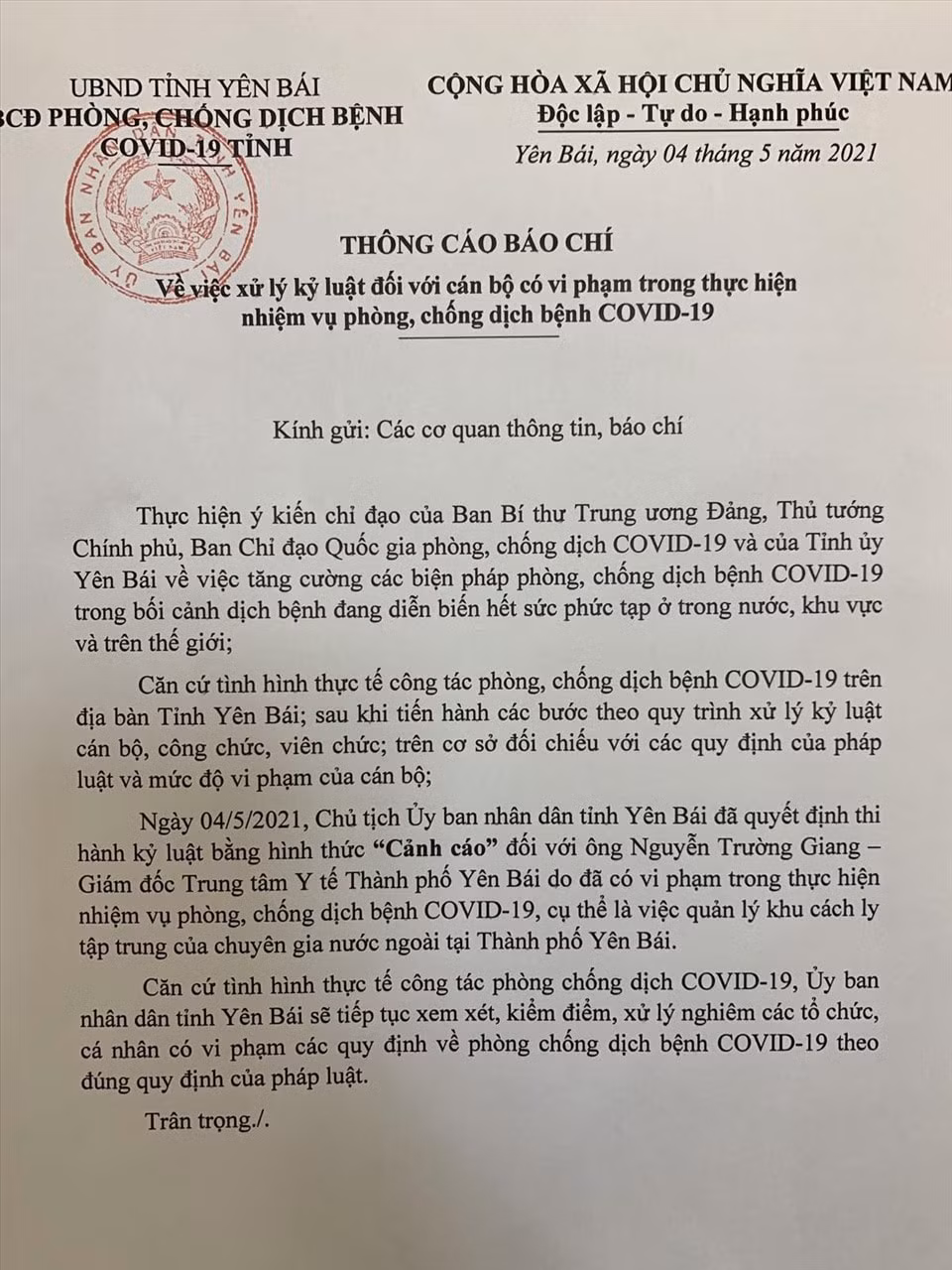Thông cáo thi hành kỷ luật đối với Giám đốc Trung tâm Y tế TP. Yên Bái. Ảnh: laodong.vn
