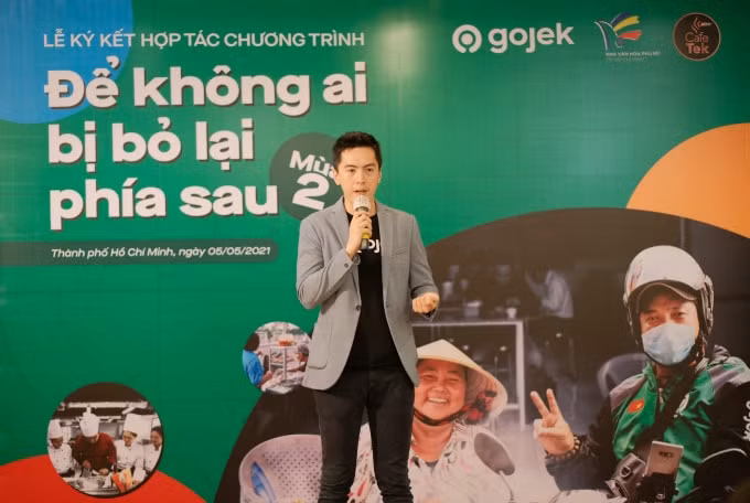 Ông Phùng Tuấn Đức trong sự kiện sáng 5/5 tại TP. HCM. Ảnh: Gojek Việt Nam.