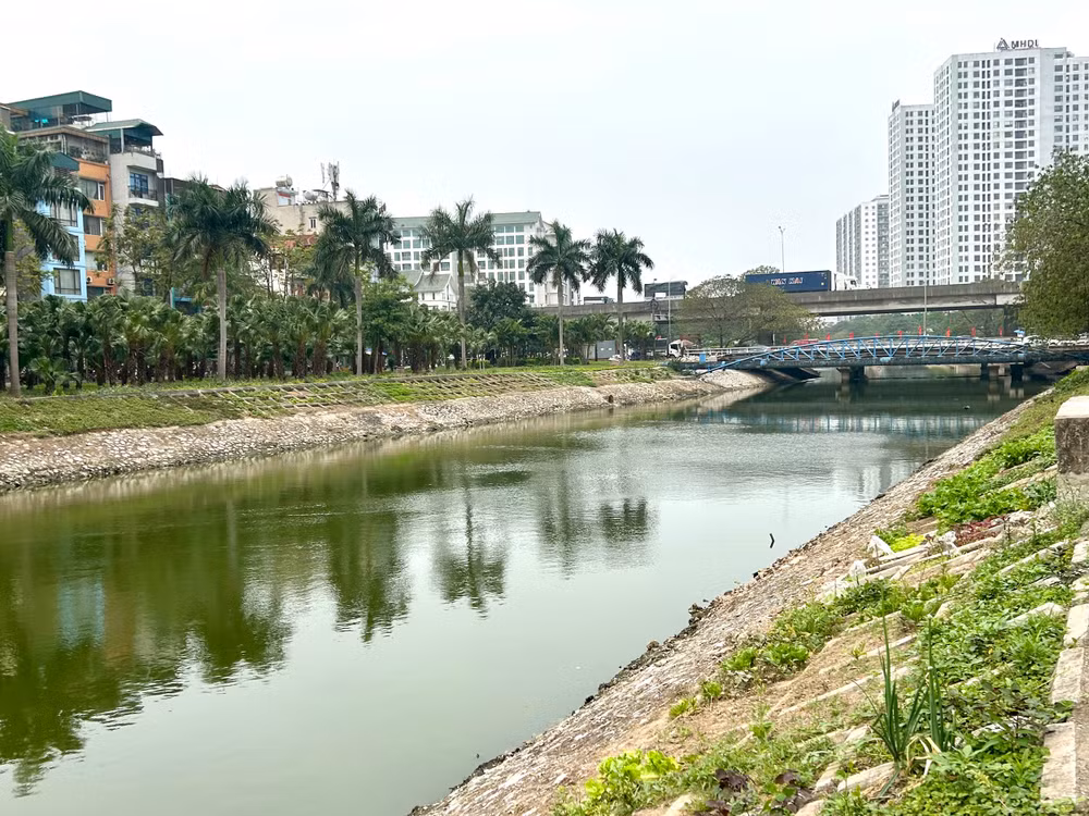 Đoạn sông Tô Lịch qua cầu Dậu được chỉnh trang hai bên bờ, kè đá và cây xanh tạo cảnh quan thông thoáng, góp phần cải thiện môi trường khu vực
