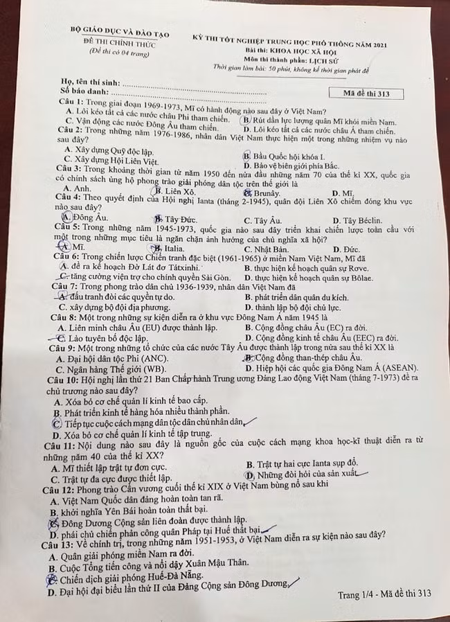 Đề thi môn Lịch sử tốt nghiệp THPT 2021, mã đề 313.