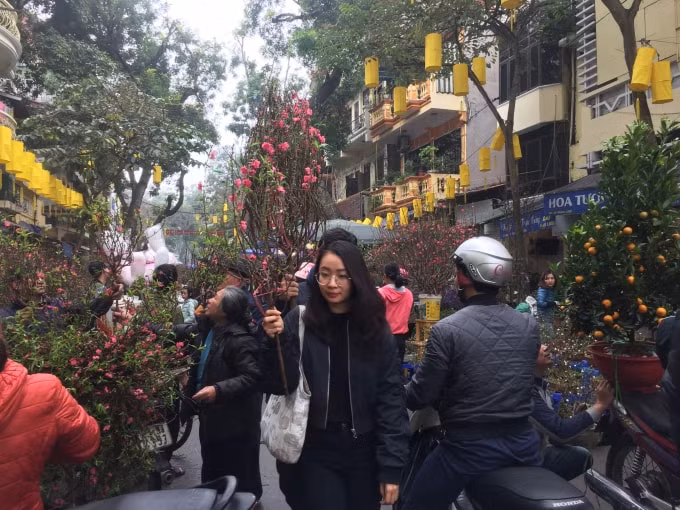 Tại chợ hoa có một không hai này mặt hàng tiêu thụ chính là những cành đào được lấy từ làng đào Nhật Tân, Phú Thượng, Nghi Tàm.