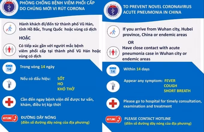 Mẫu tờ rơi tiếng Việt/Anh sử dụng để phát cho hành khách tại các cửa khẩu. Ảnh Bộ Y tế.