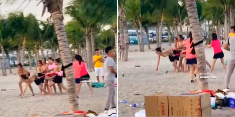 xon xao hinh anh nhom phu nu de nguc tran choi team building o bai bien ha long hinh 3