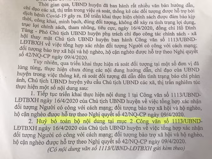 Chiều 15/5, Chủ tịch UBND huyện Tĩnh Gia Nguyễn Tiến Dũng đã yêu cầu hủy bỏ toàn bộ nội dung tại mục 2 của Công văn 
