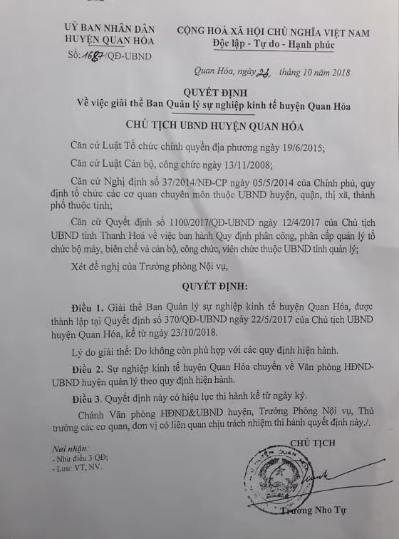 Quyết định giải thể Ban quản lý sự nghiệp kinh tế huyện có nhiều điểm mâu thuẫn với Kết luận 1255 của Thanh tra tỉnh Thanh Hóa và trả lời báo chí của ông Trương Nho Tự. Ảnh: Quang Duy