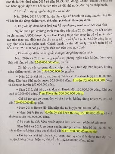 Tình trạng chi ngân sách tùy tiện tại UBND huyện Quan Hóa được Thanh tra tỉnh Thanh Hóa chỉ ra trong KL số 1255. Ảnh: Quang Duy