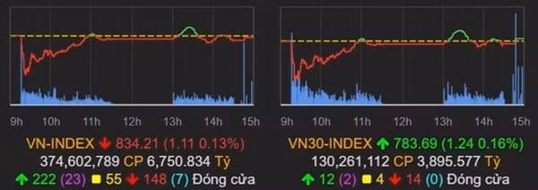 Kết thúc phiên giao dịch ngày 13/5, VN-Index giảm 1,11 điểm xuống 834,21 điểm. Ảnh: VNE
