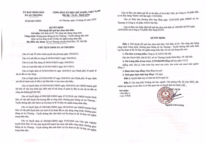 Ông Nguyễn Chí Lương (Chủ tịch UBND xã An Thượng) đã ký quyết định phê duyệt cho nhà thầu có hành vi gian lận trúng thầu.