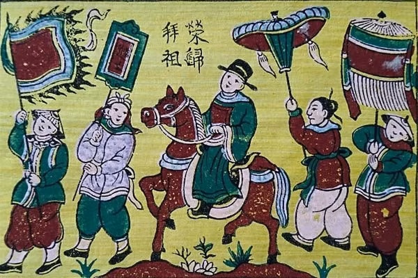 Tranh Đông Hồ “Vinh quy bái tổ”. Ảnh: TL
