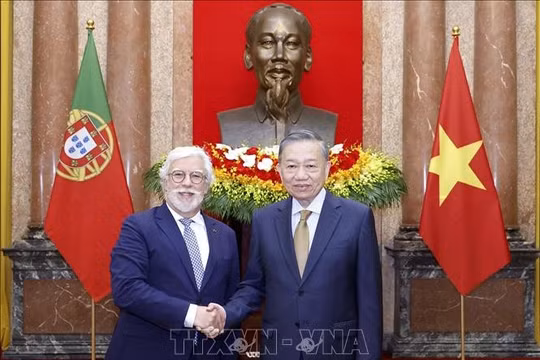 Tổng Bí thư, Chủ tịch nước Tô Lâm và Đại sứ Bồ Đào Nha Joaquim Alberto De Sousa Moreira De Lemos. Ảnh: Thống Nhất/TTXVN.