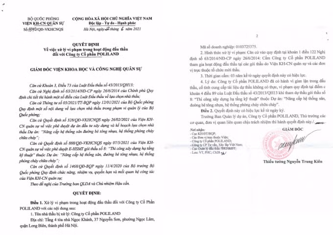 Công ty Cổ phần POLILAND bị cấm thầu 3 năm tại Viện Khoa học và Công nghệ quân sự (Bộ Quốc phòng)