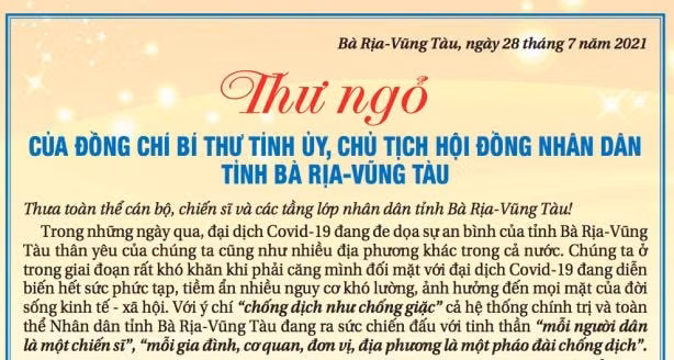 Thư ngỏ của Bí thư Tỉnh uỷ, Chủ tịch HĐND tỉnh BRVT.