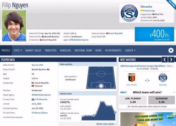 Trên trang Transfermarkt xác nhận quốc tịch Việt Nam của Filip Nguyễn. Ảnh: internet