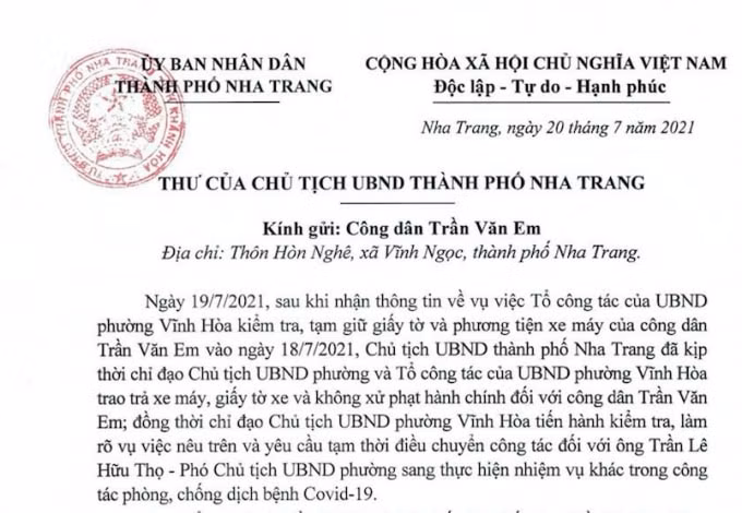 Một đoạn trong bức thư của Chủ tịch UBND TP. Nha Trang.