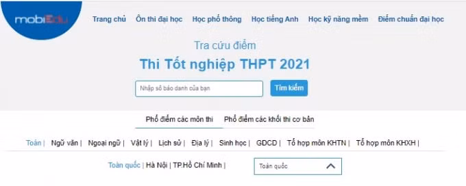 Tra cứu điểm thi và tham khảo phổ điểm từng môn/ nhóm môn tại https://diemthi.mobiedu.vn/