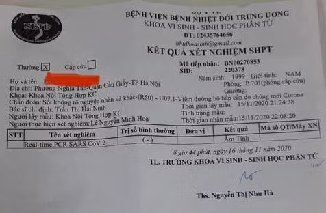 Kế quả xét nghiệm của bệnh nhân P.N. M (ảnh TL).