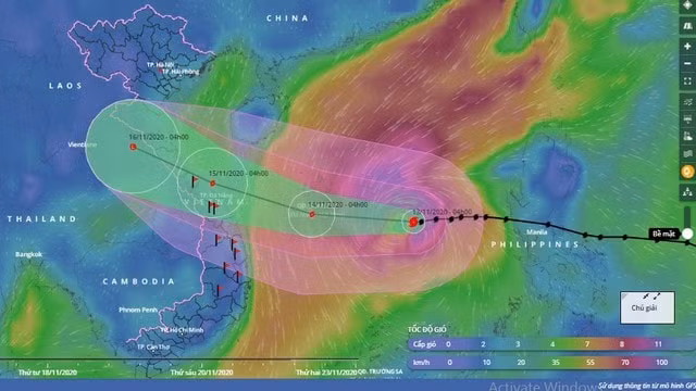 Dự báo đường đi và vùng ảnh hưởng của bão số 13. Ảnh: tienphong.vn