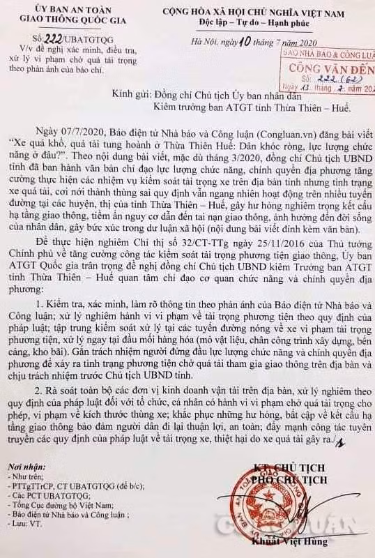 Công văn chỉ đạo nóng của Uỷ ban ATGT Quốc gia ký (Ảnh: Cái Văn Long).