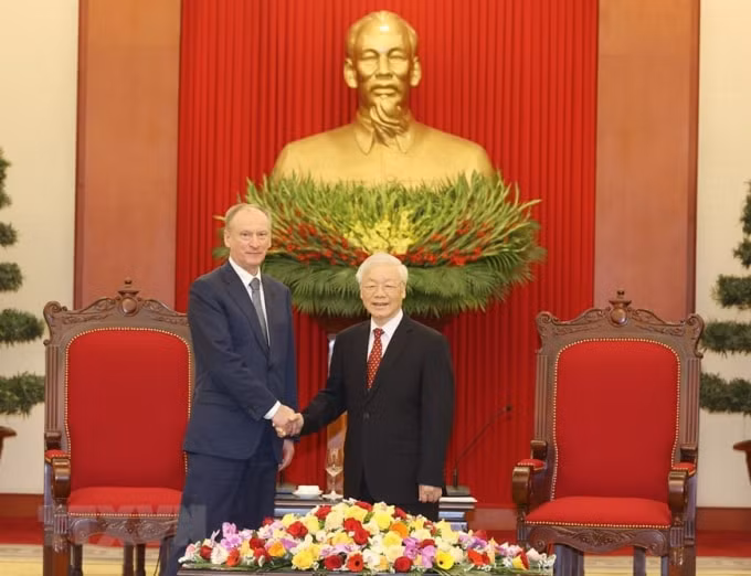 Tổng Bí thư, Chủ tịch nước Nguyễn Phú Trọng tiếp Đại tướng Nikolai Patrushev, Thư ký Hội đồng An ninh Liên bang Nga sang thăm và làm việc tại Việt Nam. Ảnh: TTXVN
