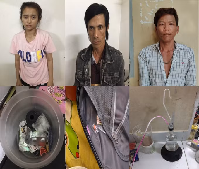 Đối tượng Thạch Thị Kiều Trân, Phạm Trọng Quí và Nguyễn Thanh Lâm (từ trái sang) cùng tang vật vụ việc. Ảnh: CA Sóc Trăng